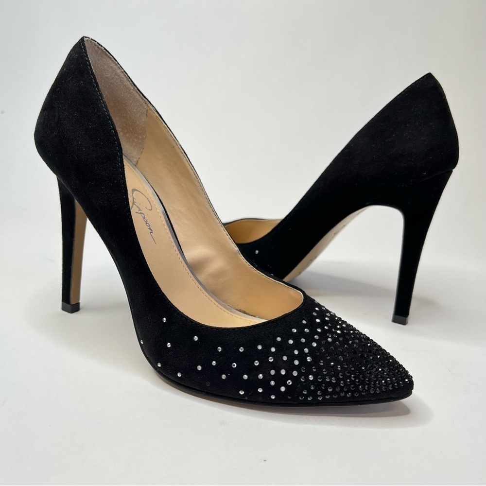 JESSICA SIMPSON Verri Black Suede Rhinestone Glam Classic Stiletto Heels Pumps